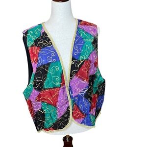 Stefano Intl Womens Vintage Colorful Patchwork Pattern Vest Maximalist Gold Trim